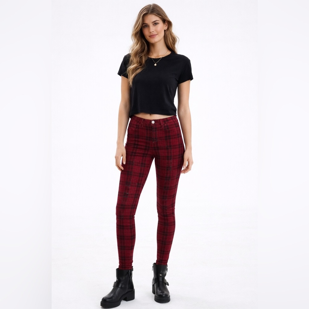 American Eagle Red Black Plaid Ne(x)t Level Stretch Jeggings Jeans Size 2